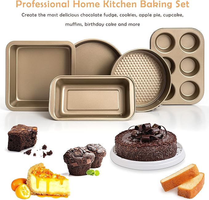 Moss & Stone 5 Piece Baking Pans Set, Carbon Steel Non-Stick PTFE Coating Oven Safe Baking Sheet Set, Bakeware Set With Heat Red Glove, Cookie Sheets For Baking Nonstick Set
