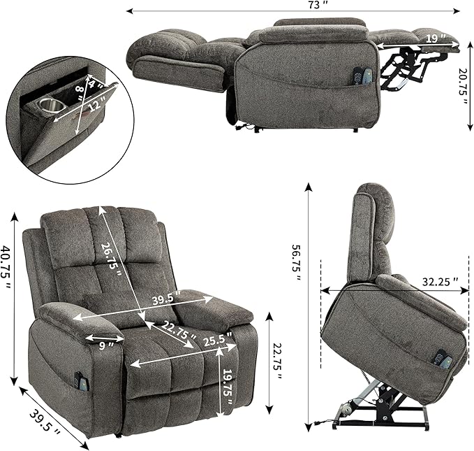 Lift Recliner Chairs for Elderly, Oversized Power Lift Chair with Heat and Massage, 180° Lay Flat Recliner with Extended Footrest, USB & Type-C Ports and Side Storage for Big Man 400lbs Sleeping