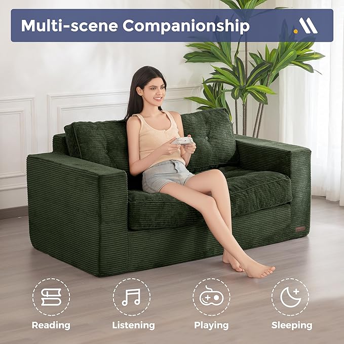 MAXYOYO Bean Bag Chair for Adults, Upholstered Floor Sofa with Armrests, Loveseat Boneless Couch with Tufted Cushion & Backrest, Sofa in A Box, Large Bean Bag Couch for Bedroom Living Room, Green