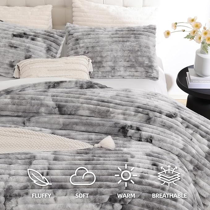 Smoofy Fluffy Queen Size Comforter Set 3 Pieces - Tie-dye Grey Fleece Fluffy Comforter Set, Luxury Fuzzy Queen Bedding Set, Soft Warm Bed Set All Season, Heavy Faux Fur Comforter with 2 Pillow Cases
