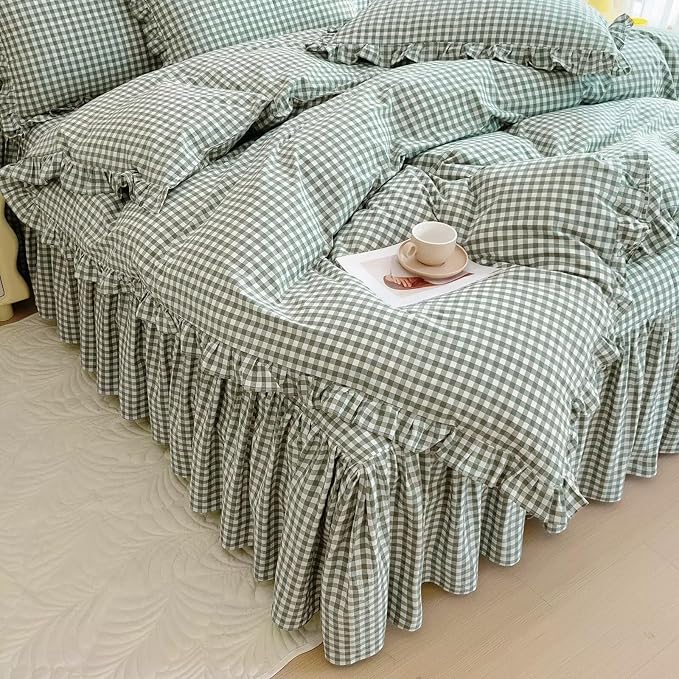mixinni Vintage Green Gingham Ruffle Comforter Set 3-Piece Washed Cotton Twin XL Size Grid Bedding Set with Geometric Checkered Pattern, Farmhouse Chic Soft Fluffy Comforter for All-Season