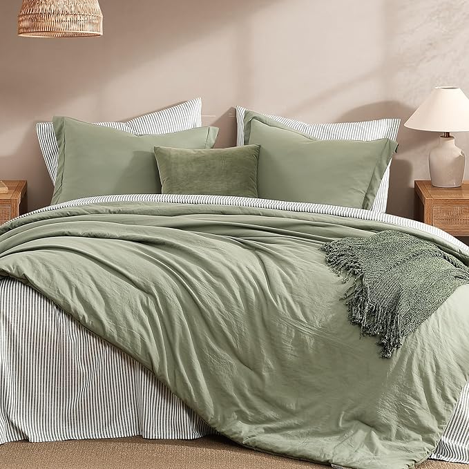 Monbix Queen Comforter Set - 7 Pieces Olive Green Prewashed Bed in a Bag Queen Bedding Sets with Comforters, All Seasons Down Alternative Comforter Bed Set with Sheets,Pillowcases & Shams