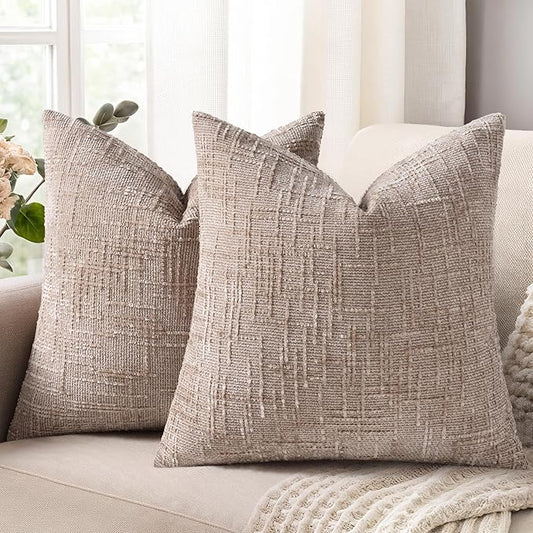 decorUhome Fall Oatmeal Chenille Throw Pillow Covers 18x18 Set of 2 Thick Textured Slubby Couch Pillow Covers Farmhouse Accent Modern Neutral Decorative Pillow Cases for Bed Sofa Living Room