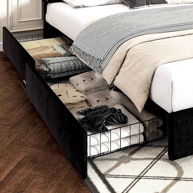 VECELO Full Size Upholstered Platform Bed Frame with 4 Storage Drawers, Adjustable Velvet Rivet Decor Headboard, Wooden Slats Support, No Box Spring Needed, Easy Assembly