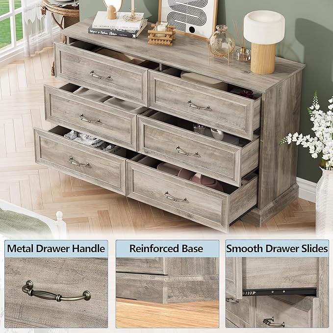 Dresser for Bedroom with 6 Drawer, Farmhouse Dresser for Closet, 53'' Wide Rustic Wooden Chest of Drawers with Natural Wood Texture, Vintage Storage Organizer for Living Room, Hallway, Grey