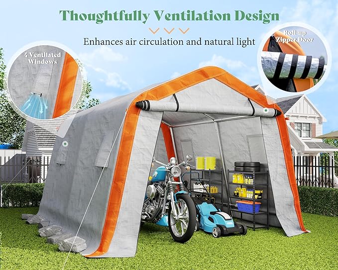 AMERLIFE 10.5x12x8 FT Heavy Duty Portable Shed Storage Shelter, Outdoor Storage Shed with 4 Waterproof Windows & Roll-up Zipper Door, Carport for Motorcycle, Bike, Gray