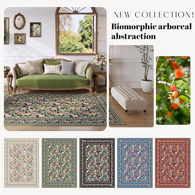 Round Rug 4ft Washable Circle Rug Non Slip Low Pile Vintage Floral Small Circular Rug for Bedroom, Bathroom, Entryway, Kids Room, Office, Green