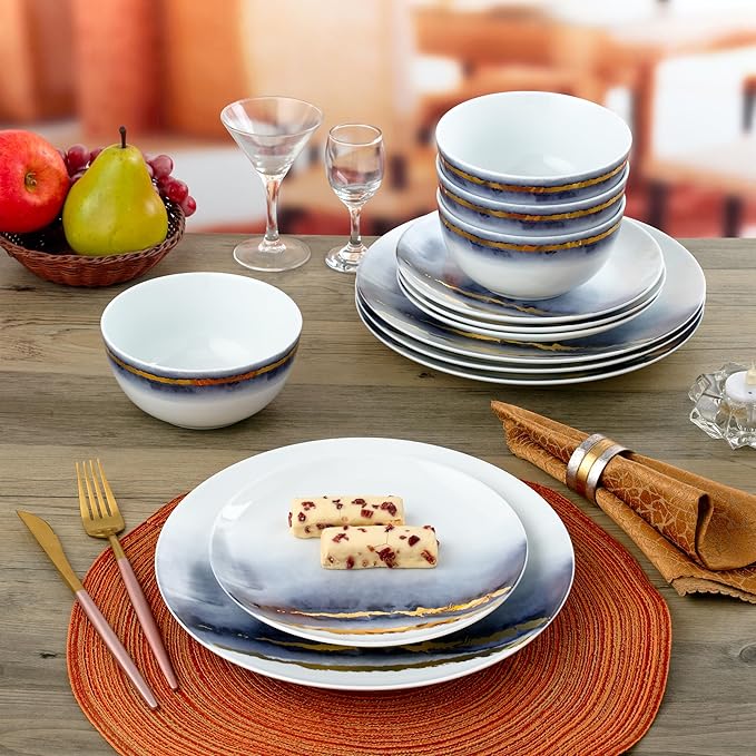 “Lazuli” 12-Piece Porcelain Dinnerware Set, Service for 4, Blue and Gold
