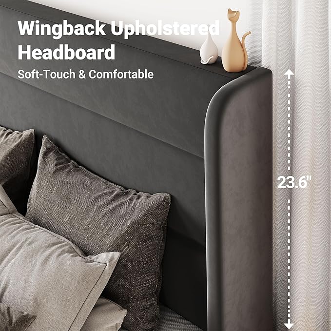 Allewie King Size Platform Bed Frame with Velvet Upholstered Wingback Headboard, No Box Spring Needed, Under Bed Storage Space, Strong Wooden Slats, Modern Mattress Foundation, Easy Assembly, Grey