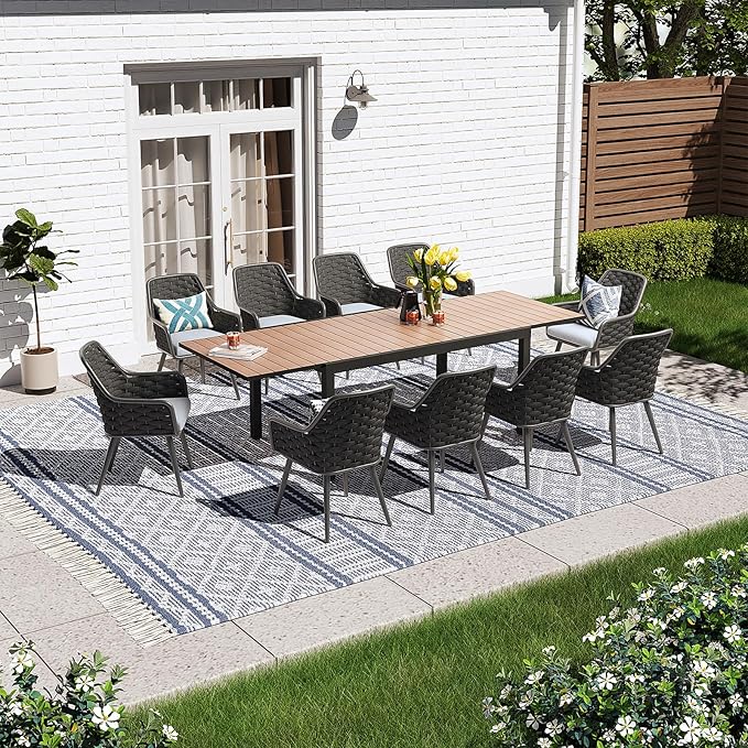 SUNSITT 11-Piece Outdoor Patio Dining Set, 63" - 105" Aluminum Expandable Outdoor Dining Table Set for 10, 10 Woven Rope Chairs with Gray Removable Cushions