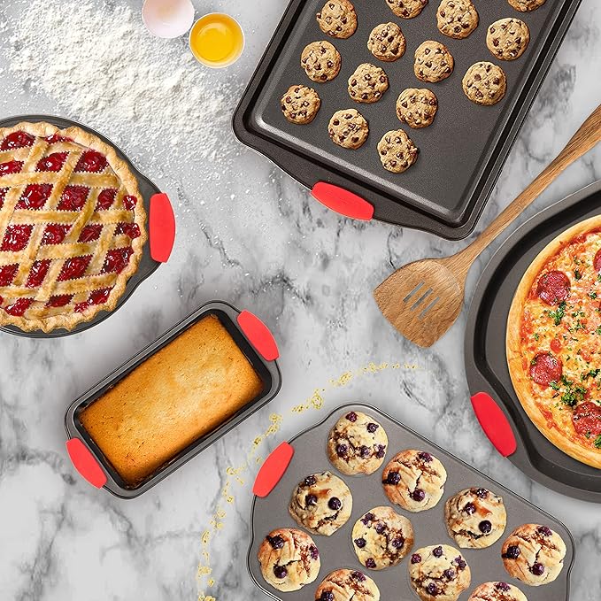 Moss & Stone 9 Piece Baking Pans Set Non Stick, Oven Safe Baking Sheet Set Carbon Steel Non-Stick PTFE Coating, Bakeware Set With Heat Red Silicone Handles, Black Baking Trays For Oven