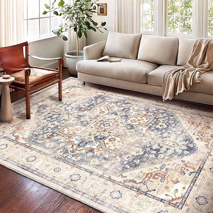 Washable Area Rug 9'x12' Blue Khaki Retro Flowers Boho Design Non-Shedding Easy Care Ideal for High Traffic Areas in Living Room Bedroom Office Coffee Table Kitchen Large Carpet