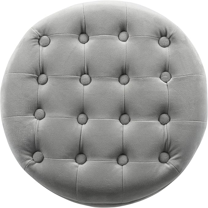Homepop Home Decor | Upholstered Round Velvet Tufted Foot Rest Ottoman | Ottoman with Storage for Living Room & Bedroom | Decorative Home Furniture, Gray Small