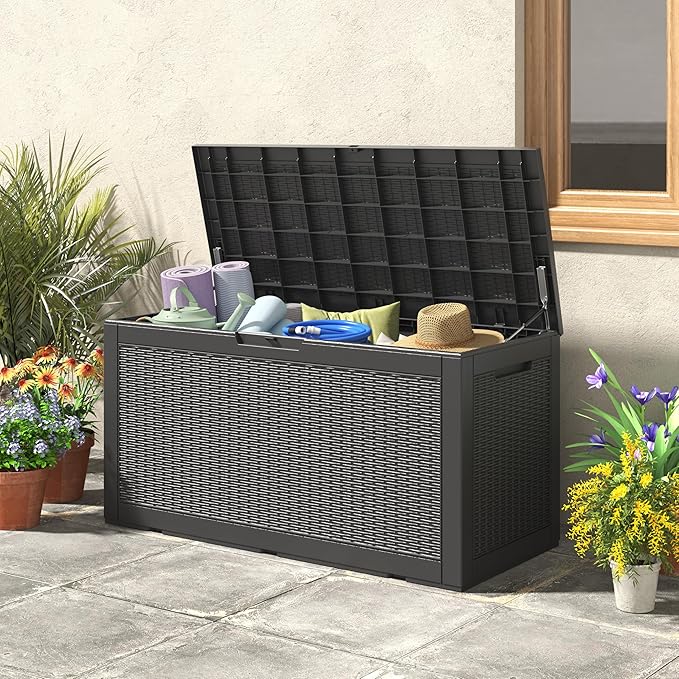 100 Gallon Resin Outdoor Storage Box,Waterproof Deck Box Lockable for Patio Furniture Cushions, Garden Tools, Heavy-Duty Double-Wall Structure with Gas Lift and Reinforced Seat Lid, Black