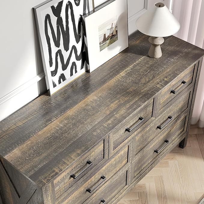 Farmhouse 7 Drawers Dresser for Bedroom, Wood Rustic Wide Chest with Natural Texture, Farmhouse Chest of Drawers for Bedroom, Hallway, Entryway, Dark Brown
