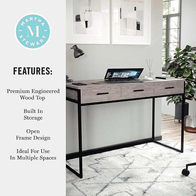 Martha Stewart Ollie Home Office Desk with 3 Drawers in Gray Wood Grain with Oil Rubbed Bronze Hardware
