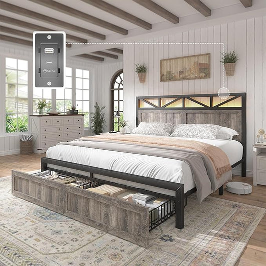 EnHomee Full Size Bed Frame with 2 Storage Drawers and Headboard Full Bed Frame with Built in Charging Station & LED Light,NO Noise,No Box Spring Needed,Light Grey