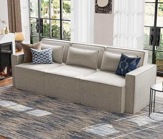ELUCHANG 93" Modular Sectional Sofa Couch, 3 Seater Large Sectional Couches for Living Room, Modern Linen Fabric Oversized Couch, Comfy Deep Seat Home Sofas Set, Oatmeal