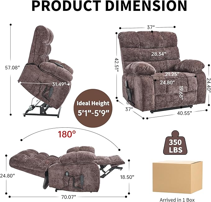 Lay Flat Recliner with Vibration Massage and Lumbar Heating, 26" Wide Recliner with Infinite Position and 2 Remote Controls, Soft Chenille Lift Chair for Living Room, Chocolate