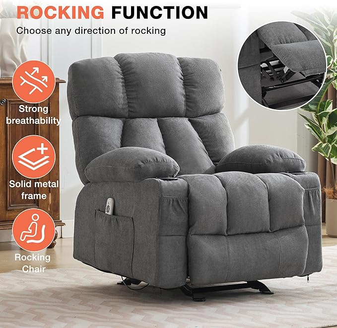 Massage Rocker Recliner Chair with Heat, Ergonomic Overstuffed Reclining Lounge Chair with Side Pockets, USB Charging Port, Sturdy Metal Frame, Comfortable Modern Design for Living Room