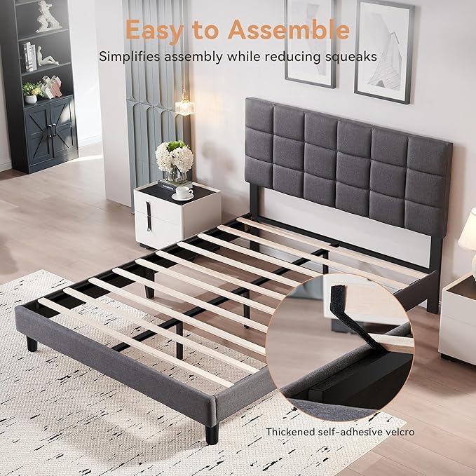 BedsPick Queen Size Bed Frame with Fabric Upholstered Headboard, Bed Frame Queen Size with Solid Wooden Slats Support, No-Noise, Easy Assembly, No Box Spring Needed with 1000LBS, Grey