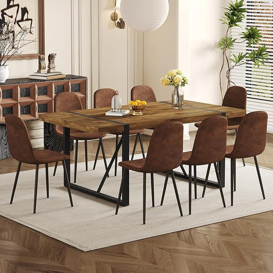Dining Table Set for 8，Dining Room Table Set for 8，71'' Dark Wood Kitchen Table and Suede Nap Fabic Chairs Set of 8，8 Chair Dining Table Set for Kitchen Dining Room