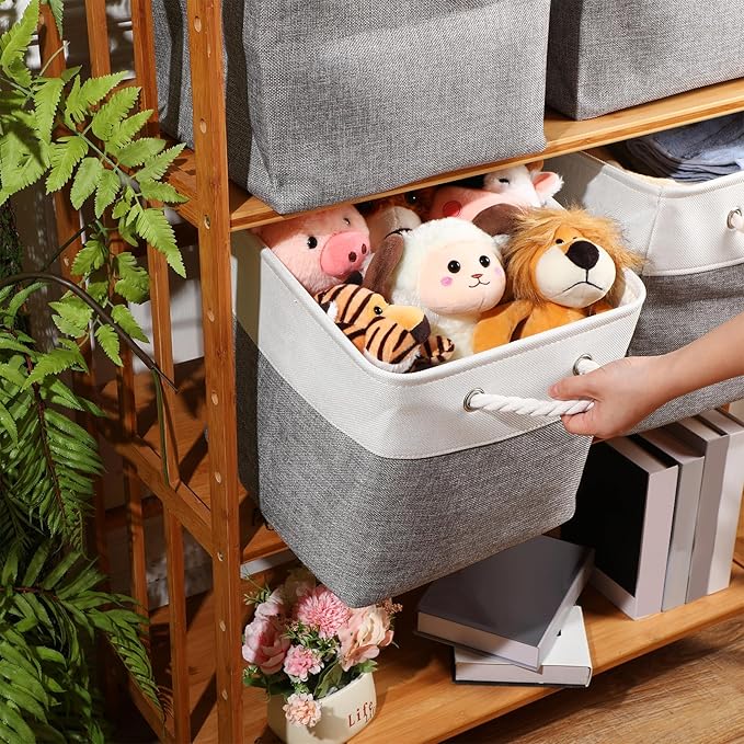meekoo 8 Pack Collapsible Storage Bins Fabric Storage Bins Polyester Fabric Baskets with Handles Linen Closet Organizer for Shelf Home Closet Towels Toys(12 x 12 x 12 in,Gray White)