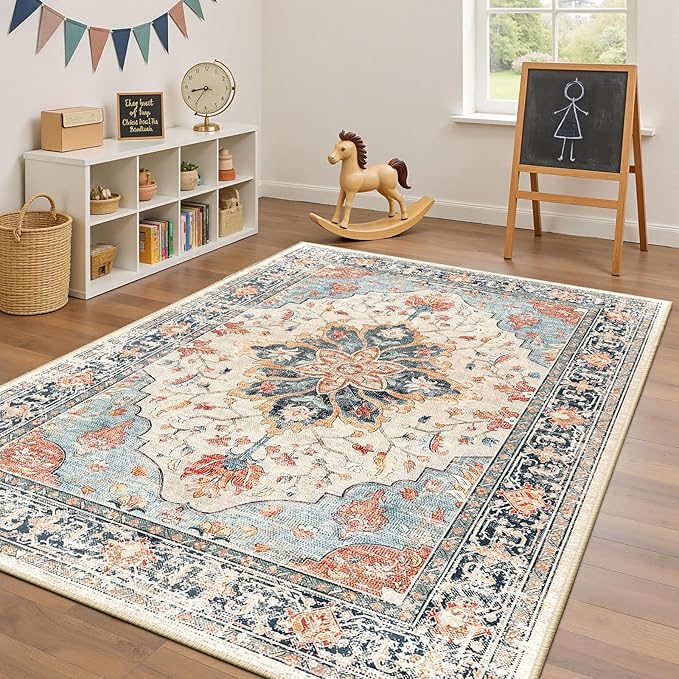 Area Rugs 5'x7' Washable Non-Slip, Floral Vintage Distress Print Pattern Medallion Carpet for Living Room Bedroom Dining Room, Beige Navy Blue Orange Colorful