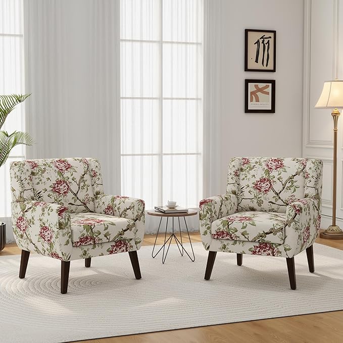 Accent Chair, Modern Linen Blend Arm Chair for Living Room, Bedroom, Comfy High-Resilient Sponge Reading Chair for Small Spaces (Pattern Red Floral, Set of 1)