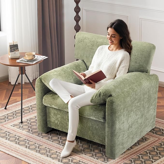 39" Modern Chenille Oversized Armchair, Wide Accent Chair Set of 2, Mid Century Single Sofa Chairs, Comfy Upholstered Reading Chair for Living Room, Bedroom, and Apartment (Green)