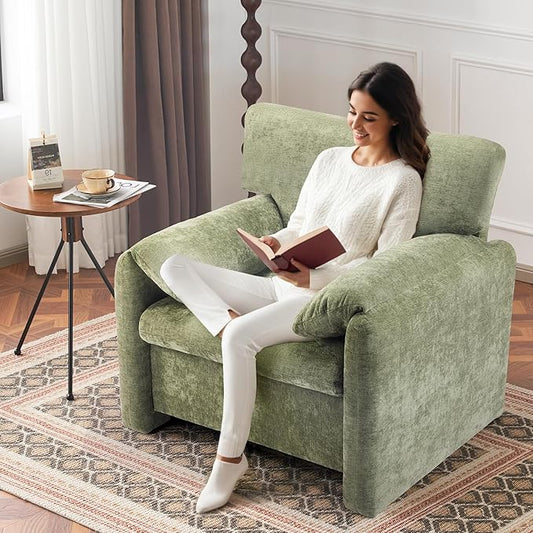 39" Modern Chenille Oversized Armchair,Wide Accent Chair, Mid Century Single Sofa Chairs, Comfy Upholstered Reading Chair for Living Room, Bedroom, and Apartment (Green)