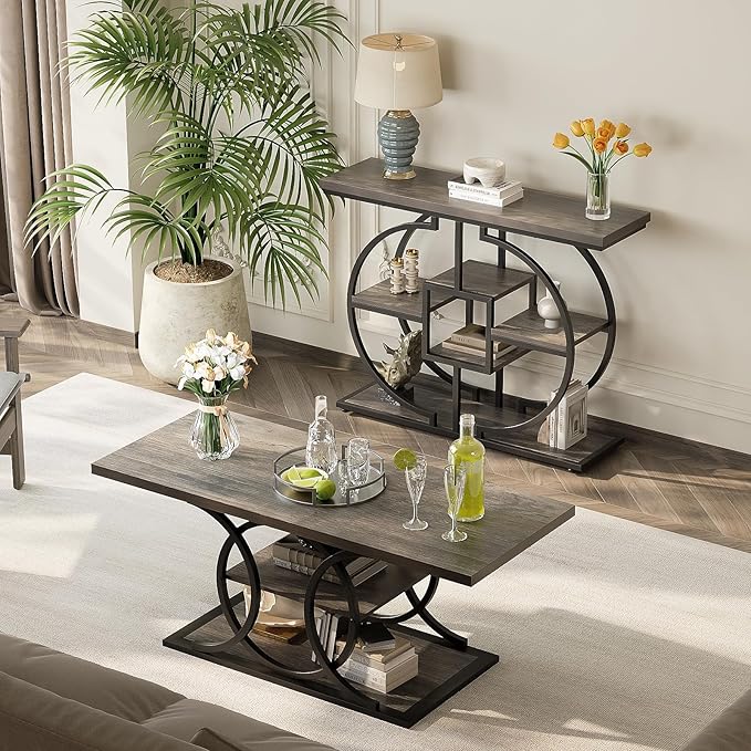 GiftGo Narrow Console Table for Entryway Industrial 4-Tier Sofa Table Behind Couch with Circle Base Rustic Wooden Accent Tables with Storage Shelves for Living Room, Hallway, Foyer (Grey)