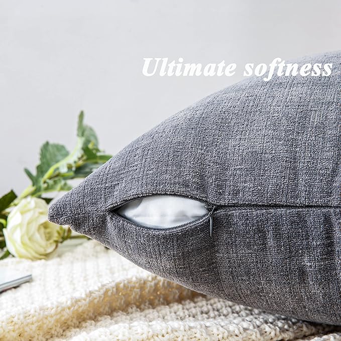 GAWAMAY Decorative Square Throw Pillow Covers 18"x18" Inch Set of 2, Super Soft Chenille Pillows Farmhouse Fall Pillowcase for Living Room Bedroom Sofa Couch Cushion Cover Grey 45x45cm (No Insert)