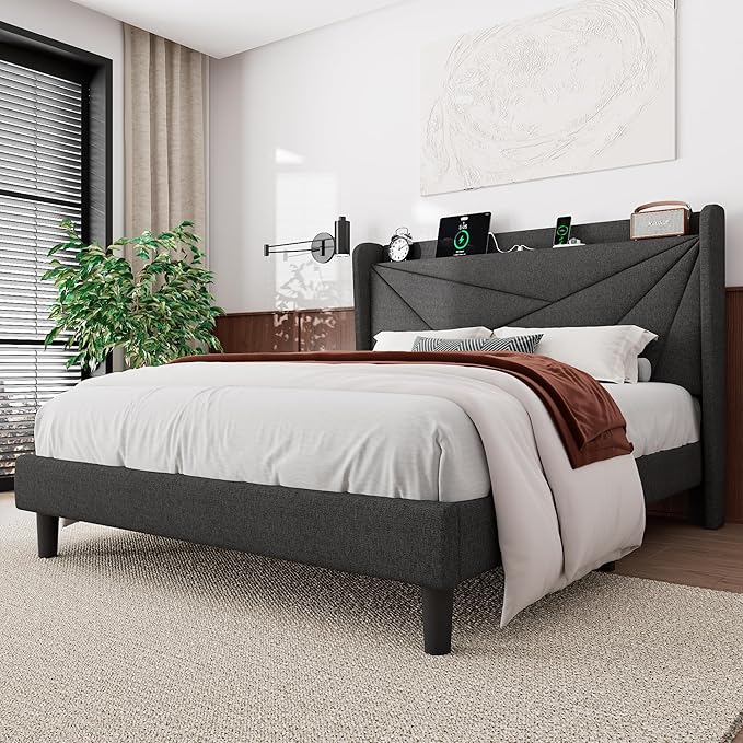 Feonase Queen Bed Frame with Charging Station, Linen Upholstered Platform Bedframe with Wingback Headboard, Solid Wood Slats Support, Noise Free, No Box Spring Needed, Charcoal Grey