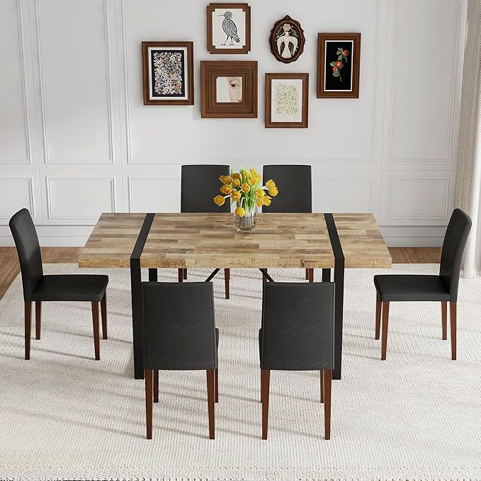 Dining Table Set for 6，Dinner Table Set for 6，71'' Kitchen Table and PU Leather Chairs Set of 6，6 Chair Dining Table Set for Kitchen Dining Room