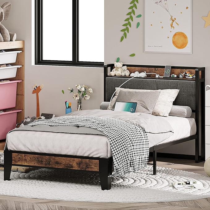 LIKIMIO Twin Bed Frames, Storage Headboard with Charging Station, Solid and Stable, Noise Free, No Box Spring Needed, Easy Assembly