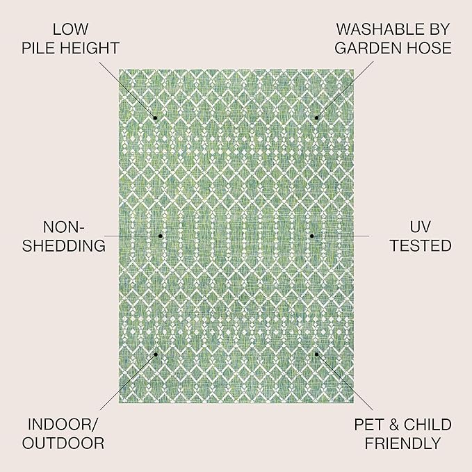 JONATHAN Y Moroccan Geometric Indoor Outdoor Area Rug 5X8 Green/Cream, Ourika Textured Weave for Backyard, Patio, Porch, Easy-Cleaning, High Traffic, Pet-Friendly, Non-Shedding (SMB108L-5)