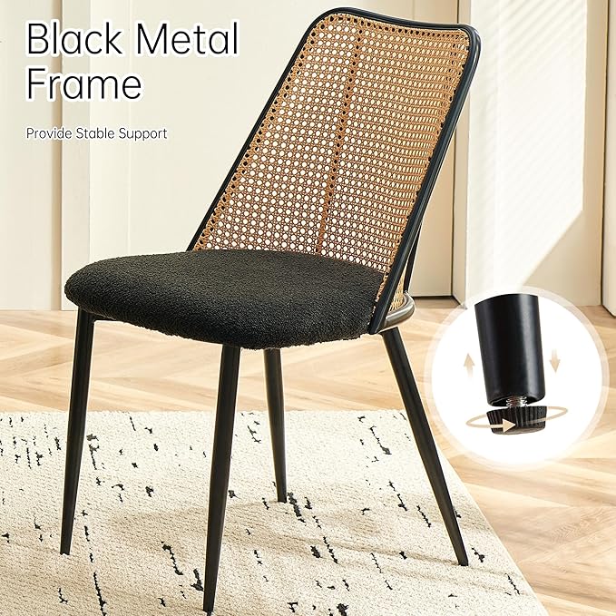 NORDICANA Dining Table Set for 4, Wooden Round Table and Wicker Chairs, 5-Piece Modern Kitchen Dinette Set for Breakfast Nook, Black Boucle Seat