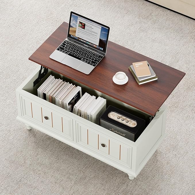 39" Lift Top Coffee Table for Hidden Compartment, Wood Coffee Tables with Shelf, Farmhouse Rectangular Center Table Dining Table for Living Room Home Office Small Space (Beige)