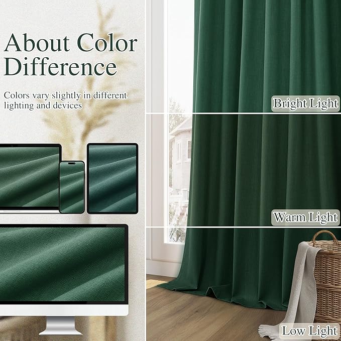 Guken Green Blackout Curtains 63 Inch Length 2 Panels Set for Living Room Bedroom Back Tab Thermal Insulated 100% Black Out Linen Drapes Room Darkening Window Curtains 52 Inches Width