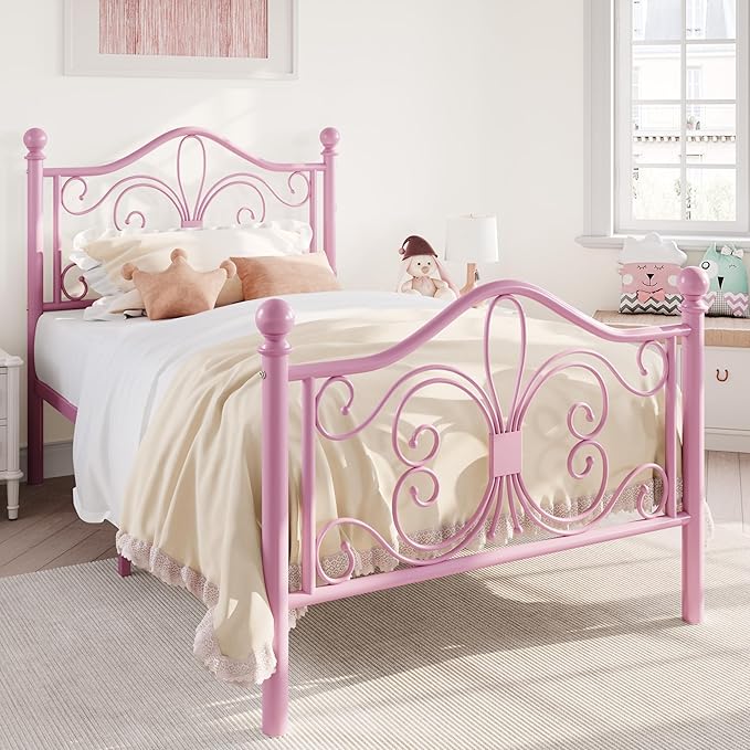 SHA CERLIN Twin Size Bed Frame for Kids,Metal Bed Frame with Butterfly Pattern Design Headboard and Footboard,No Box Spring Needed,Easy Assembly,Pink