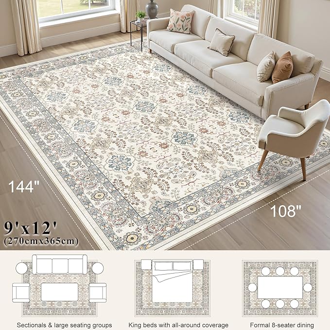 Area Rugs for Living Room: 9x12 Washable Rug Vintage Boho Floral Print - Ultra Thin Stain Resistant Large Soft Non Slip Foldable Carpets for Bedroom Dining Room Office Nursery - Multi
