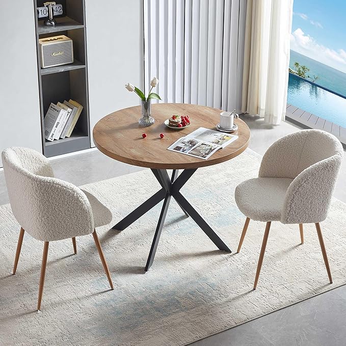3 Pieces Dining Table Set for 2, Home Kitchen Round Dining Table with Thick Tabletop and 2 Upholstered Arm Chairs, Faux Wood Round Table with Comfy Accent Chair for Living Room,Restaurant