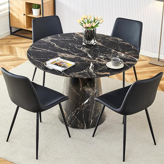 45 Inch Round Dining Table Set for 4, 5 Piece Kitchen Table and Chairs Set, Black Faux Marble Table Top, Small Space Dining Set for Apartment or Dining Room