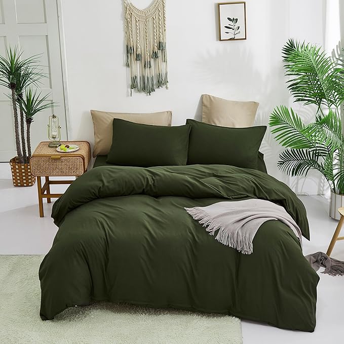 Cottonight Army Green Comforter Set Full Dark Green Bedding Set Plain Blanket Quilts Modern Soft Breathable 3 Piece Comforter Set for Women Men