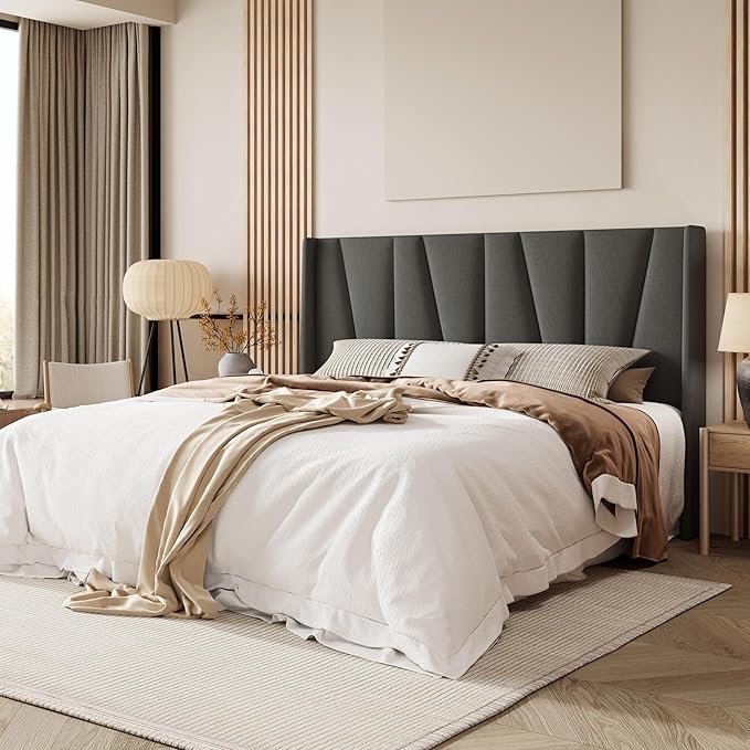 Allewie King Size Platform Bed Frame with Geometric Wingback Headboard, Modern Upholstered Bed with Wooden Slats Support, No Box Spring Needed, Easy Assembly, Dark Grey