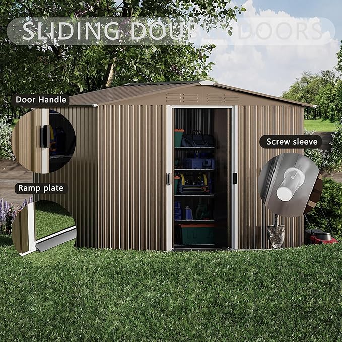 8FT x 6FT Outdoor Storage Shed, Waterproof Lockable Door Metal Tool Shed with Sliding Door and Ventilation, Gardening Tool Storage Room, Metal Storage Shed for Gardens and Lawns