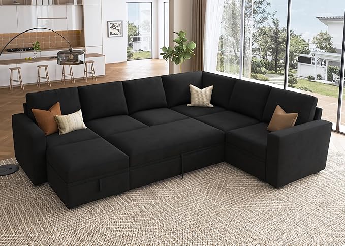 HONBAY Sectional Sleeper Couch with Pull Out Bed, U Shaped Sectional Sofa with Storage, Modular Velvet Sectional Couches for Living Room, Black