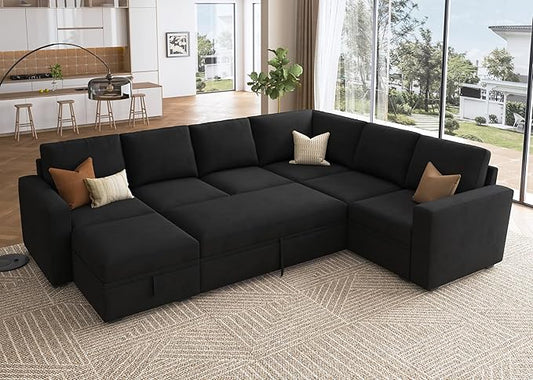 HONBAY Sectional Sleeper Couch with Pull Out Bed, U Shaped Sectional Sofa with Storage, Modular Velvet Sectional Couches for Living Room, Black