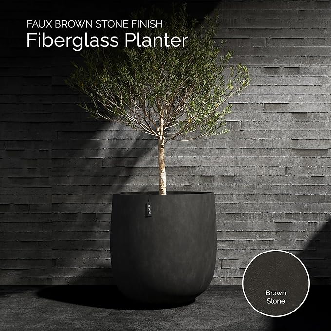 Mondo Large Planter – Brown Stone Finish – Fiberglass Indoor/Outdoor and Weather-Resistant Round Planter (26" D x 24" H Exterior, 24.6" D x 24" H Interior)